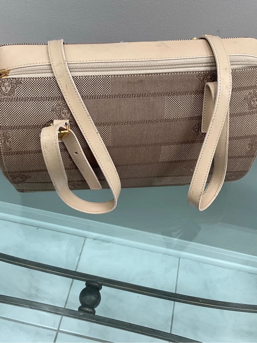 Versace Beige Canvas Messenger Bag with Leather Trim